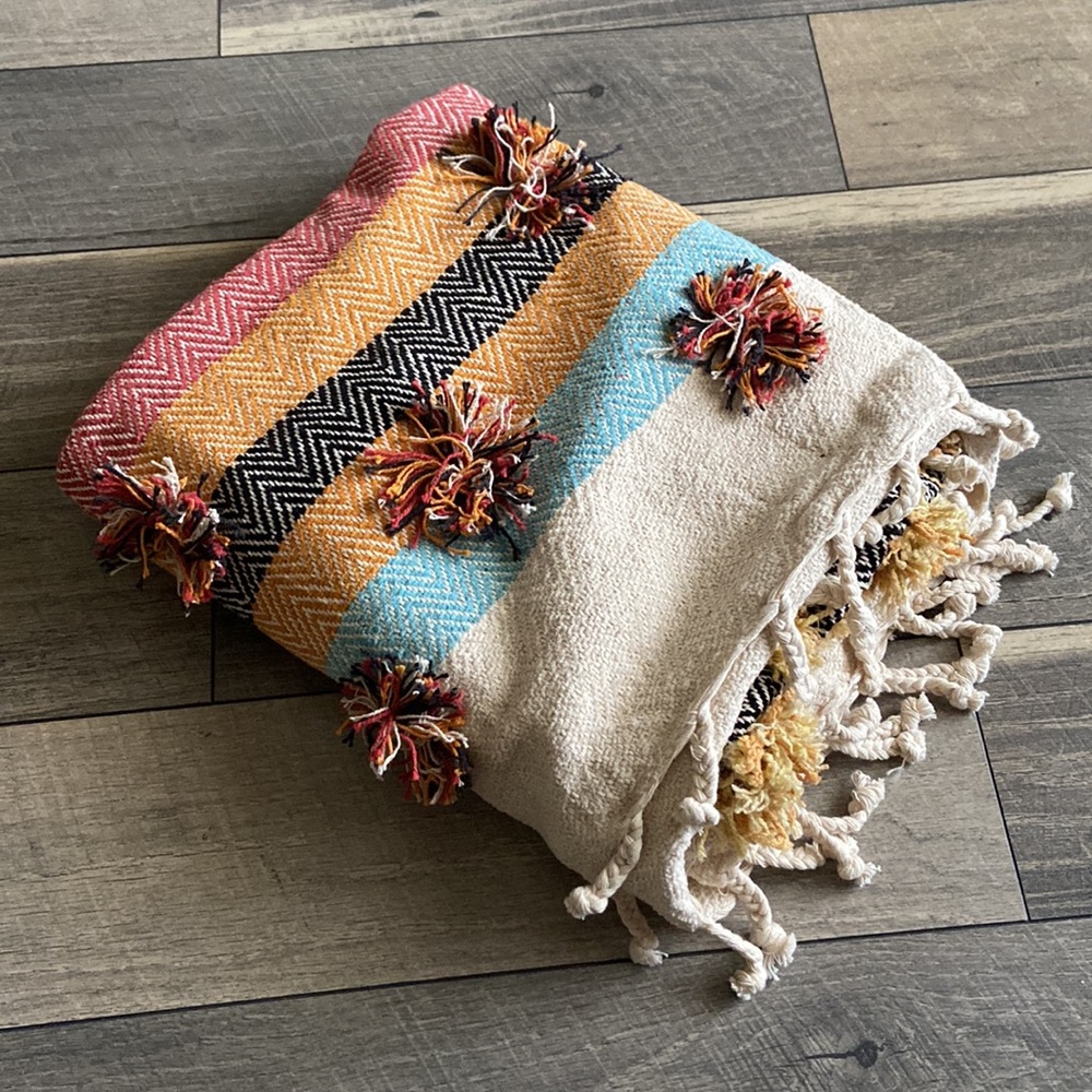 Jacinta Woven Pom Throw/blanket - Creme/Blue/Orange - Picture 6 of 10
